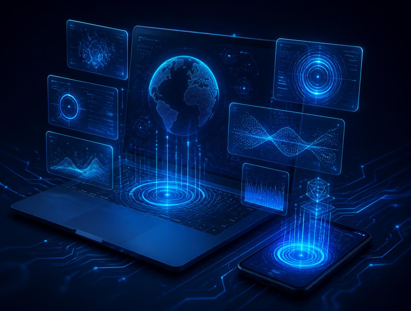 Holographic diagnostic dashboard above a laptop and smartphone